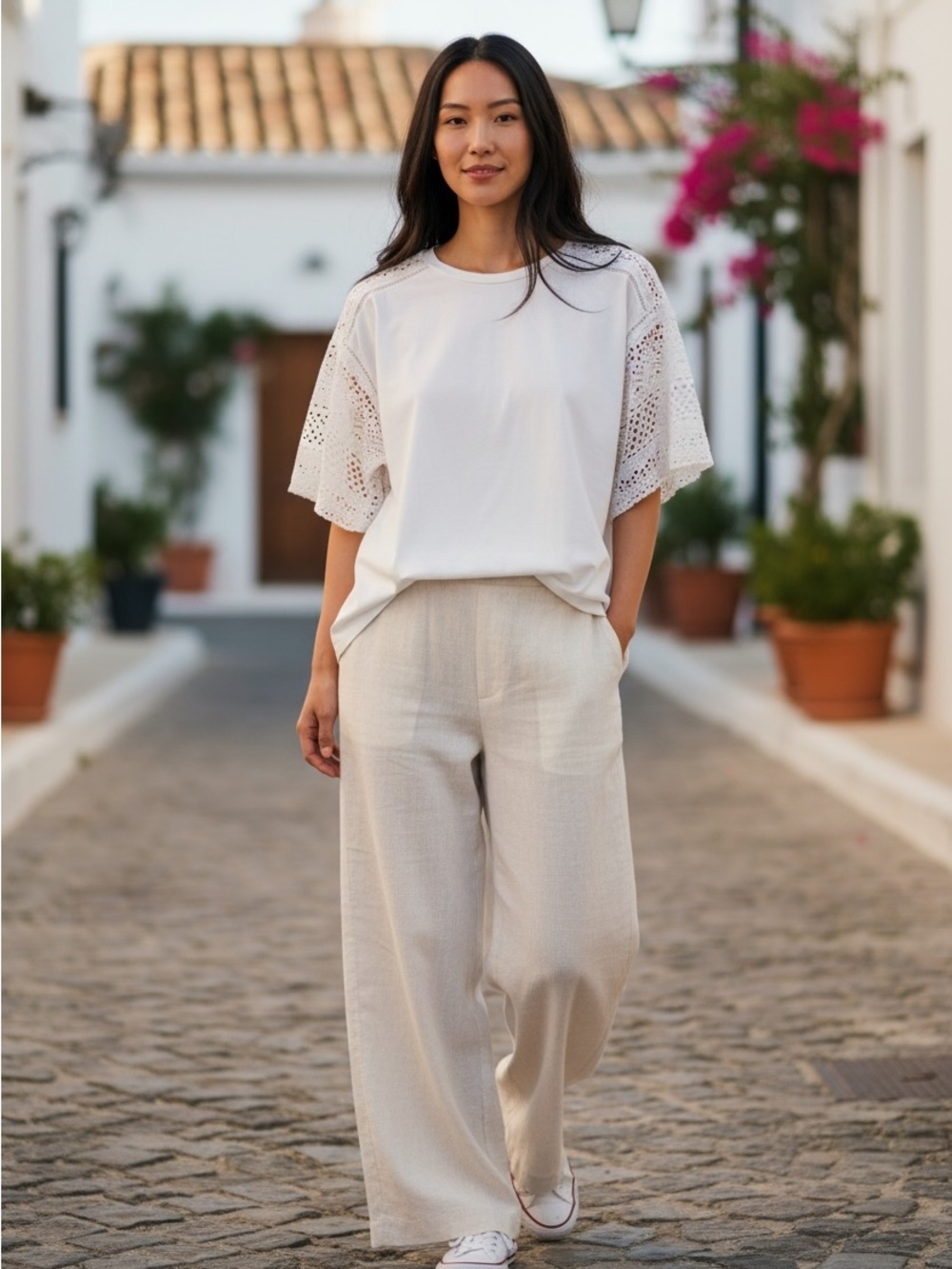 Lauren Ralph Lauren Eyelet Shoulder Sleeve Boxy Oversized Fit White Cotton Tee